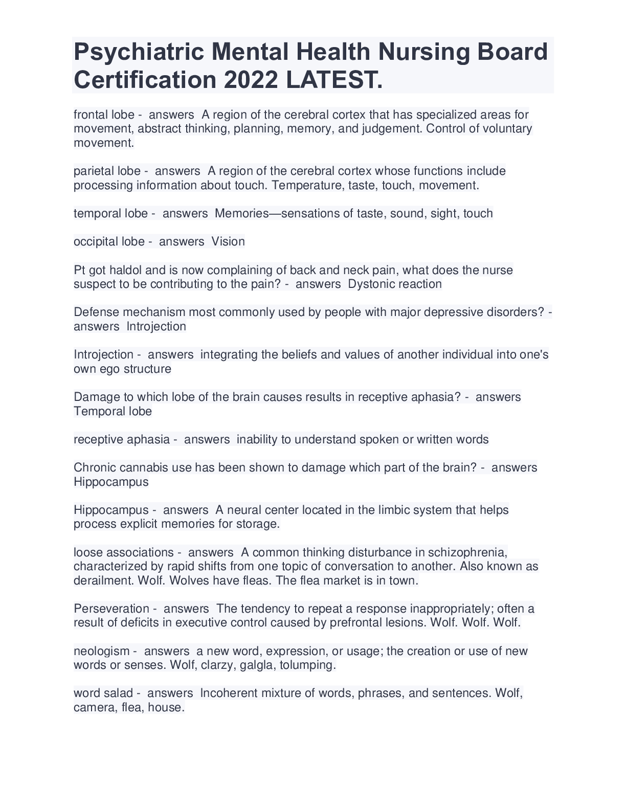 Preview image for Psychiatric Mental Health Nursing Board Certification 2022 LATEST.